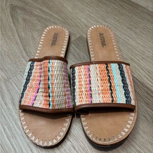 JustFab Multicolor Woven Slide Sandals - Tan Footbed